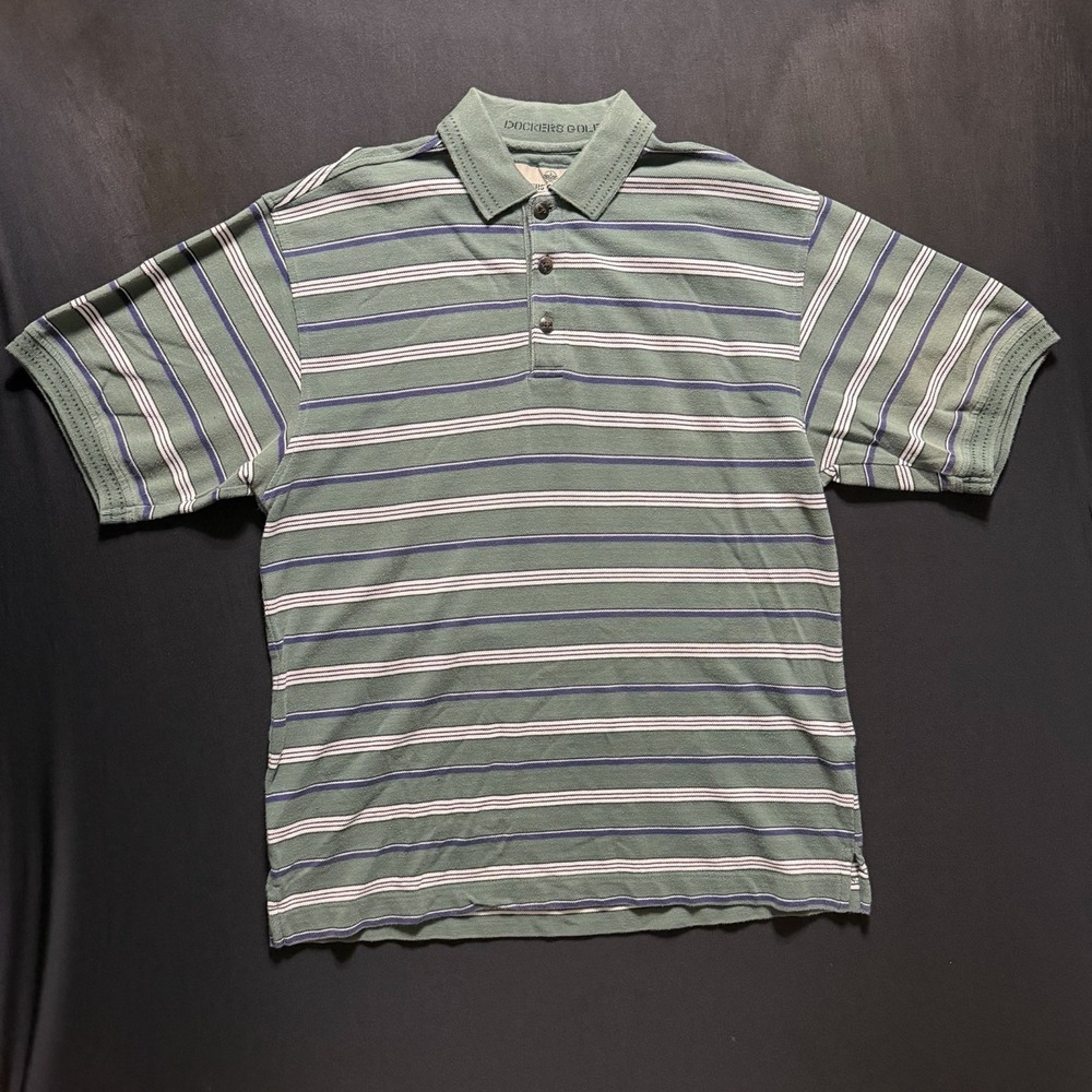 Vintage Dockers Men's Polo Green Blue White Stripe Short Sleeve‎ Shirt SZ Medium